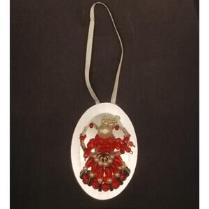 Vintage Beaded Angel Ornament Mirror 3" Red Pearl Handmade Safety Pins